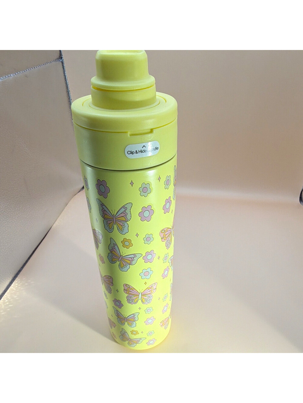 19 fl oz Stainless Steel Water Bottle Chugger Twist Lid Handle Yellow Butterfly
